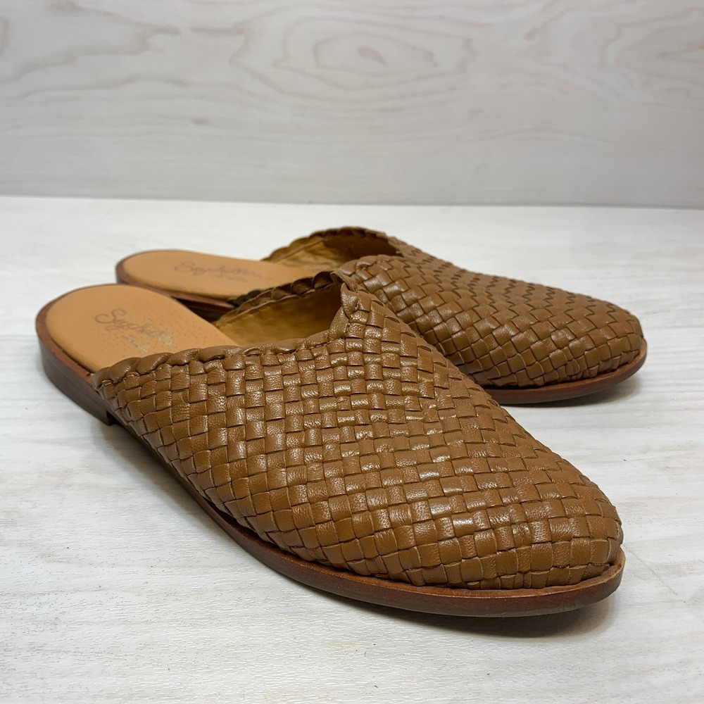 Seychelles Womens 6.5 Mules Woven Leather Tan Brown Slip On Flats Boho Scalloped